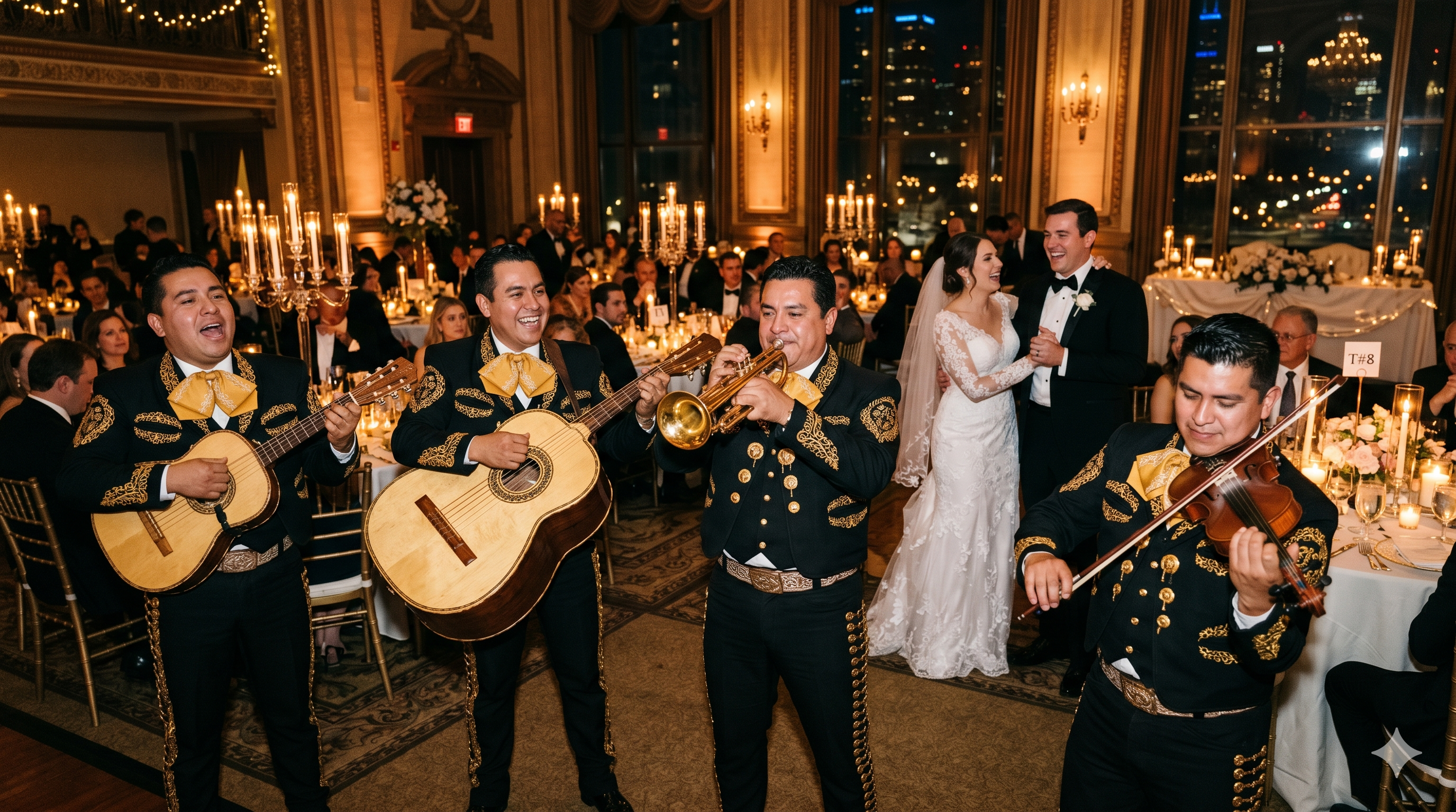 Mariachi Juvenil Chicago tocando en una elegante recepción de boda en Chicago con el skyline de la ciudad