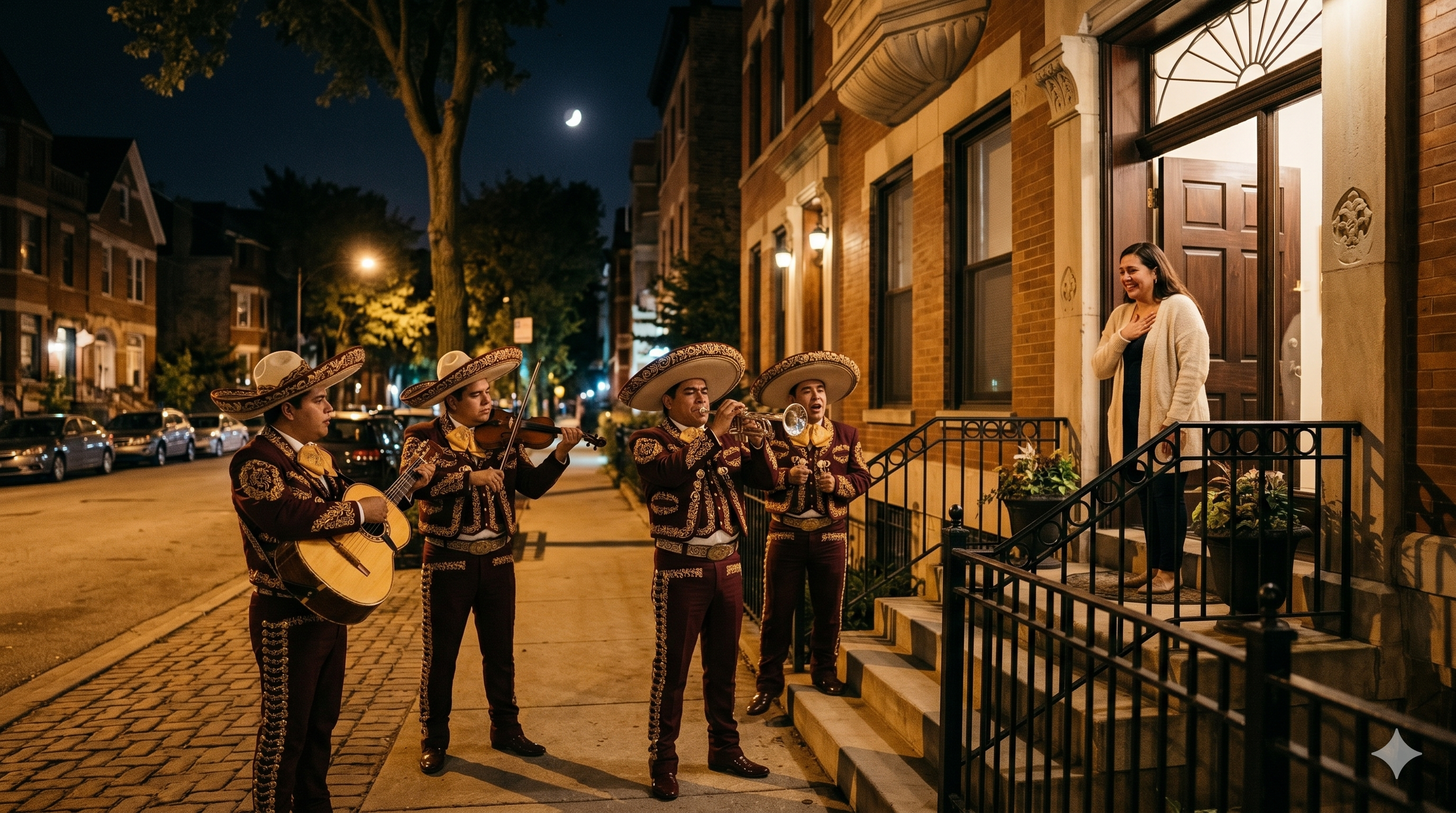 Mariachi Juvenil Chicago dando una serenata romántica de noche en Chicago